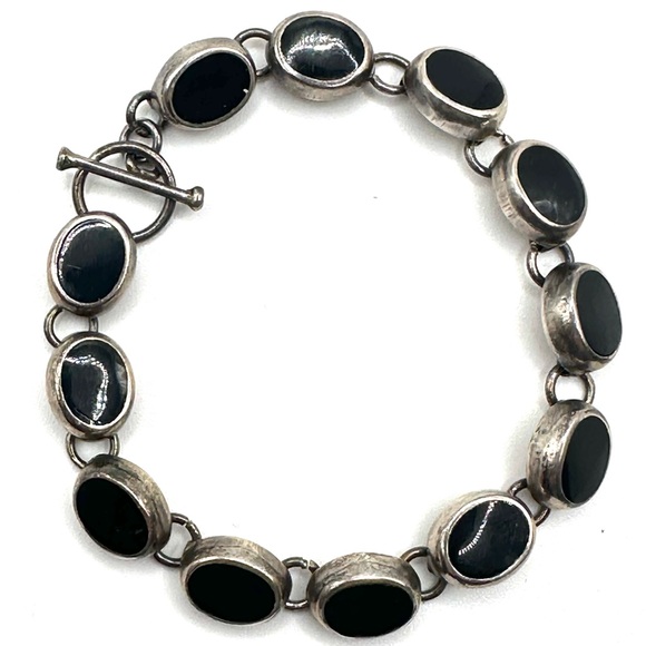 Sterling Silver 925 Black Onyx Link Bracelet 7 1/4” Toggle Closure - Picture 1 of 12